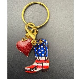 American Flag Cowboy Boot Heart Keychain Charm Gold‎ Tone Ring Patriotic